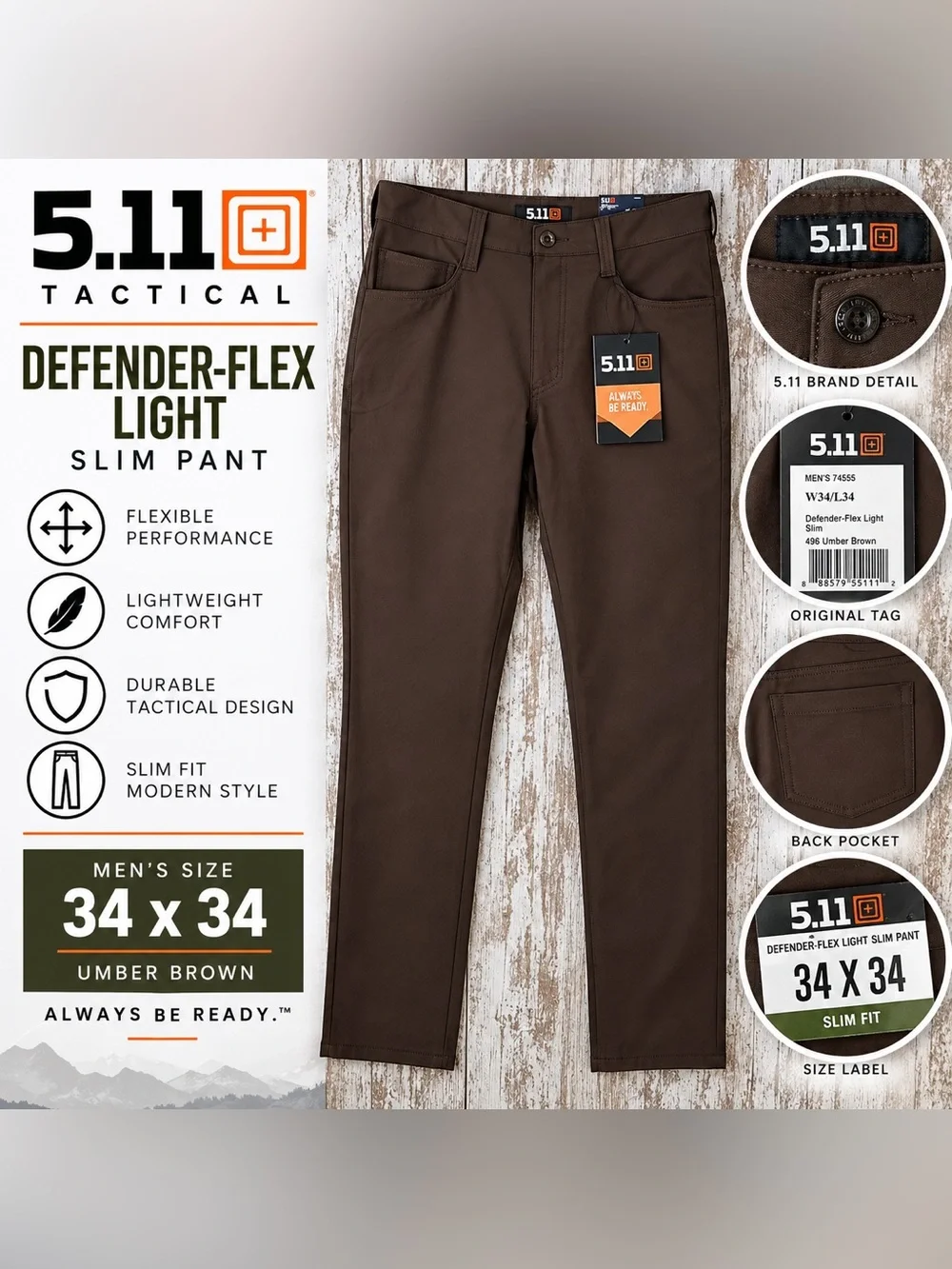 5.11 Tactical Defender-Flex Light Slim Pants Men’s 34x34 Umber Brown NWT